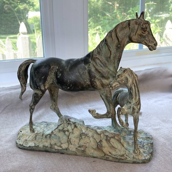 Maitland-Smith Bronze Horse Sculpture, Mare & Foal Statuette, Green Patina Brass - Picture 3 of 10